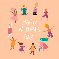 Fototapeta na wymiar Happy womens day card, poster, banner, with quote and diverse women. Isolated objects. Hand drawn vector illustration. Flat style design. Concept, element for feminism, girl power.