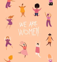  Gelukkige vrouwendagkaart, poster, spandoek, met citaat Wij zijn vrouwen en diverse meisjes. Hand getekend vectorillustratie. Platte stijl ontwerp. Concept, element voor feminisme, girlpower. © Maria Skrigan