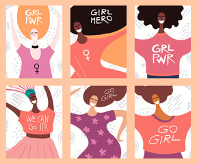 Set of womens day cards with diverse women and lettering quotes. Hand drawn vector illustration. Flat style design. Concept, element for feminism, girl power, poster, banner.