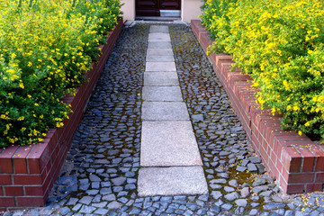 View of the paved path to the house with flower beds of cinquefoil.
