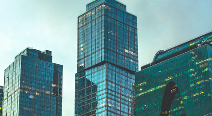 Obraz premium Moscow city skyscraper, Moscow International Business Centre at twilight time with Moscow river, Aerial view. 16.01.2019 Moscow is the capital of Russia, Russia. 