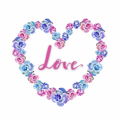 Hand drawn Flowers arranged un a shape of heart. Lettering love