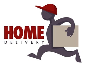 Home delivery service courier with parcel or box in cap