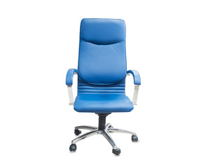 The office chair from blue leather. Isolated over white