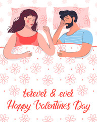 Couple in love sleeping in bed.Happy family.Cute cartoon characters.Romantic illustration perfect for greeting cards prints,flyers,posters,invitations and more.Valentines day card concept.