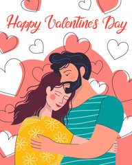 Hugging couple with hearts background and lettering.Cute cartoon characters.Romantic illustration perfect for greeting cards, prints,flyers,posters,invitations and more.Valentines day card concept.