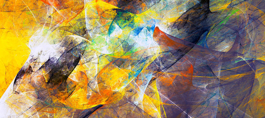 Helle künstlerische Spritzer. Abstrakte gelbe und blaue Malereibeschaffenheit. Modernes futuristisches Muster. Heller dynamischer Hintergrund. Fraktale Grafik für kreatives Grafikdesign © Alena
