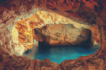 The Rosh HaNikra natural grottoes. Tunnel in the rock