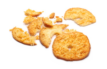Pizza flavored baked crispy bread rusks, snacks isolated on white background