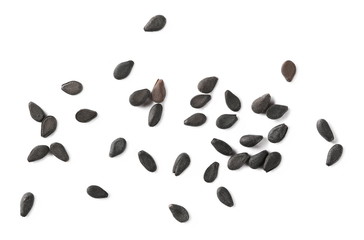 Black organic sesame seeds isolated on white background, top view