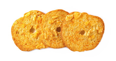 Pizza flavored baked crispy bread rusks, snacks isolated on white background, top view