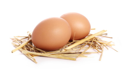 Eggs in straw nest isolated on white background