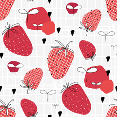 Juicy colorful seamless vector pattern of hand graphic drawing organic strawberries with cage and dots for spring summer season. Berry backdrop for fabric, textile, paper, wallpaper, wrapping, poster.