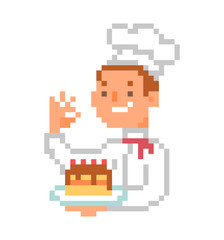 Fototapeta premium Happy chef in uniform presenting cake, 8 bit pixel art cartoon character isolated on white background. Male baker mascot. Man showing dessert. Restaurant/cafe logo.