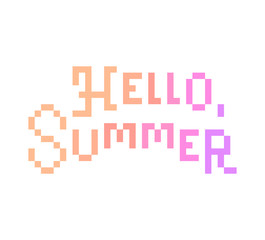 Hello summer, old school 8 bit pixel art font lettering for prints, posters, banners isolated on white background. Welcome to summer season, greeting card with message.