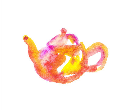 Sketchy hand-drawn wet brush techinque watercolor illustration of ceramic teapot. Hot drink for breakfast. Beverage menu icon. Kitchenware object.