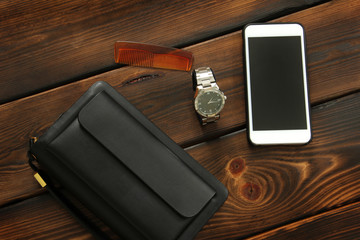 Male set. Men's Accessories. Bag, watch, phone and hairbrush