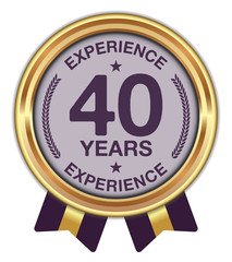 40 Years Experience. Vector Golden Badge with Ribbons.