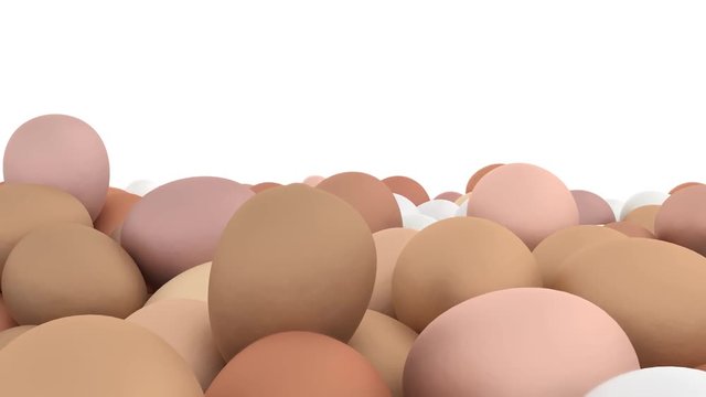 Animated close up and zooming out of a pile of white and regular eggs lying on white base and against white background.