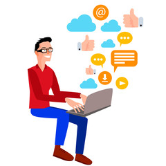 Flat vector illustration of a young man working with a laptop