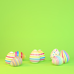 Frohe Ostern - 8 farbenfrohe, bemalte Ostereier auf grünen Hintergrund - Textfreiraum - Oster