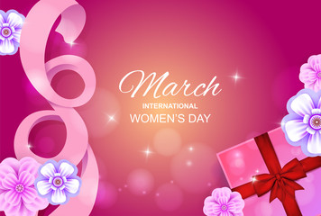 March 8  Women's Day with pink ribbon.Newsletter, brochures. Flyer or banner with the decor of flowers and gift box. Vector illustration design.