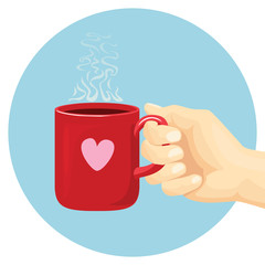 Obraz premium Hand holding a red mug of tea or coffee. Vector illustration of hot drink. Coffee break. Tea time. Simple and flat design.