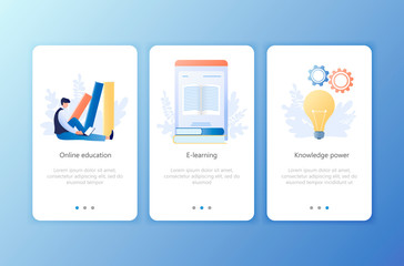 Online education, E-learning, Knowledge power, Courses. Set of onboarding screens user interface kit. Mobile application templates. Website, web page. Modern UX, UI. Flat business vector illustration.