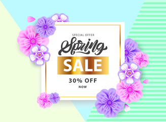 Spring in lettering style Sale flyer with  flowers in realistic style, gold frame. Invitation, posters, brochure, voucher discount. Modern background  Vector illustration design