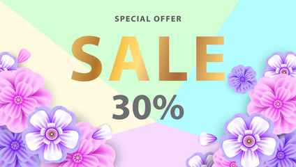 Spring Sale banner with flowers in realistic. Flyer, invitation, posters, brochure, voucher discount.Vector illustration design