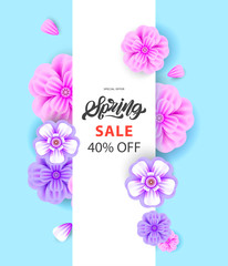 Spring Sale with parallel ribbon typography banner with flowers in realistic style. Invitation, posters, brochure, voucher discount. Vector illustration design