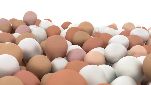 Animated rotating around of white and regular eggs lying on white base and against white background. Full 360 degree spin and loop able.