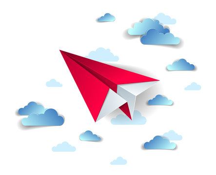 Origami paper plane toy flying in the sky with beautiful clouds, perfect vector illustration of scenic cloudscape with toy jet take off, airlines air travel theme.