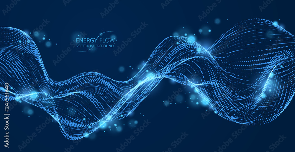 Poster 3d particles mesh array, sound wave flowing over dark. round shining points vector effect illustrati