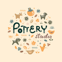 Circle template pottery workshop, ceramics classes banner illustration. Art shop template with lettering or place for text. Vector line icon of clay studio tools. Hand building, sculpturing equipment.