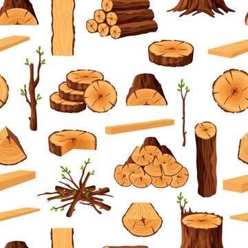 Seamless pattern of firewood materials, rerepeating background with wooden elements. Wood logs stubs tree trunk branches boards stump and planks wooden backdrop - flat vector illustration