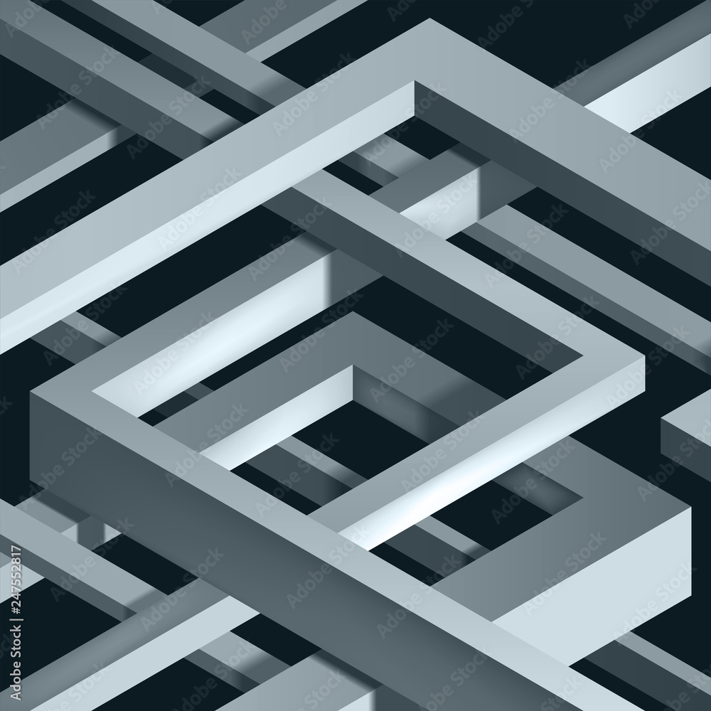 Poster 3d twisted composition of abstract plexus forms. labyrinth shapes. vector unreal construction on dar