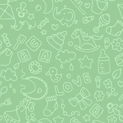 Green pattern for kids and design. Background with the image of children's toys and objects. Horse, pyramid, cubes, love, whirligig, bucket, fork, spoon, cloud, flowers, elephant, duckling, nipple, so