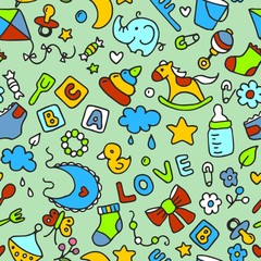 Multicolored pattern for kids and design. Background with the image of children's toys and objects. Horse, pyramid, cubes, love, whirligig, bucket, fork, spoon, cloud, flowers, elephant, duckling, nip