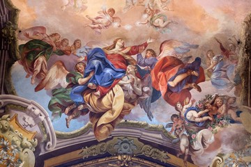 Fototapeta na wymiar Assumption of the Virgin Mary, fresco painting in San Petronio Basilica in Bologna, Italy