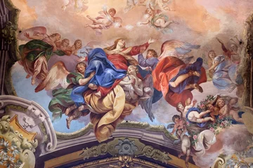 Himmelfahrt der Jungfrau Maria, Freskenmalerei in der Basilika San Petronio in Bologna, Italien © zatletic