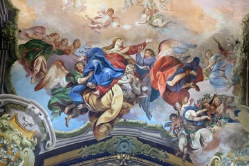Himmelfahrt der Jungfrau Maria, Freskenmalerei in der Basilika San Petronio in Bologna, Italien © zatletic