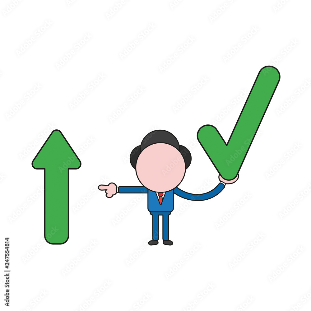 Poster vector businessman character holding check mark and pointing arrow moving up. color and black outlin