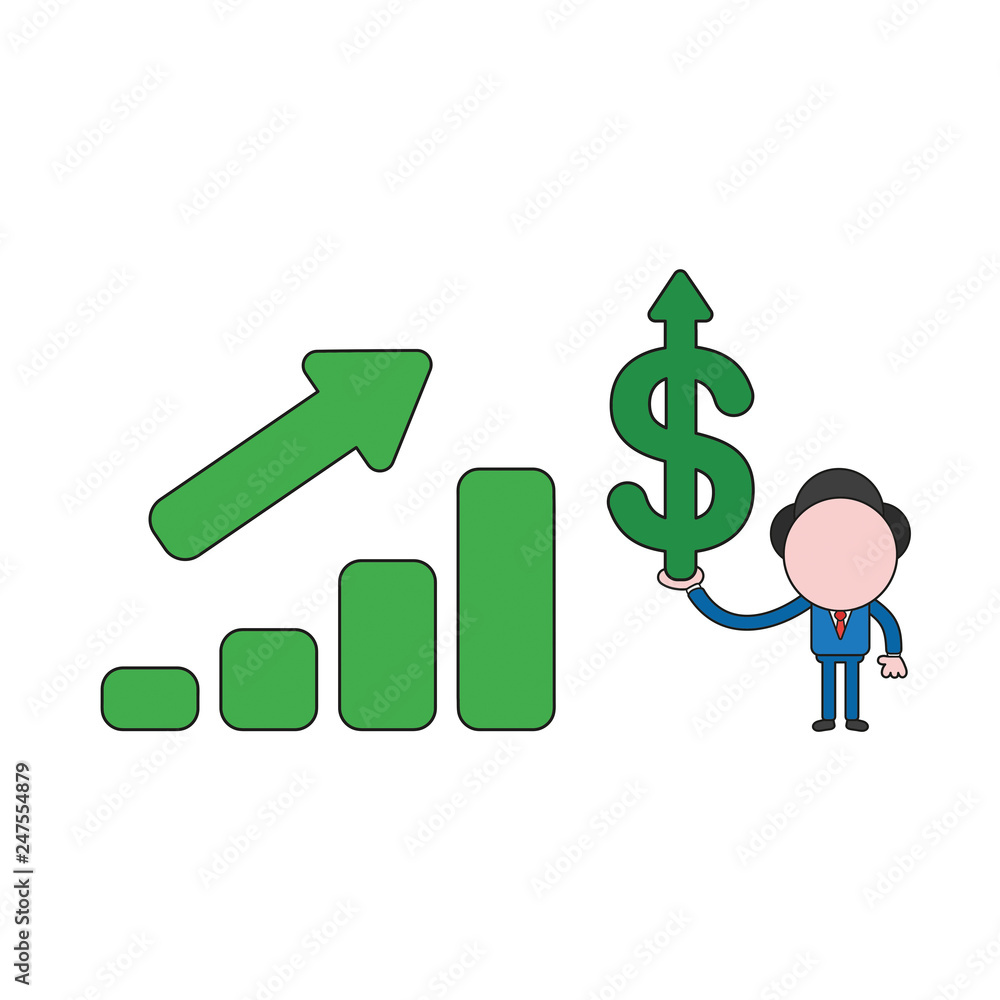 Poster vector businessman character with sales chart moving up and holding dollar arrow moving up. color an
