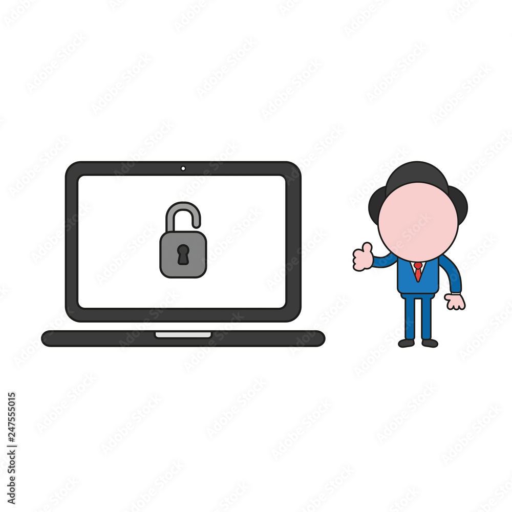 Poster vector businessman character showing thumbs up with open padlock inside laptop computer. color and b