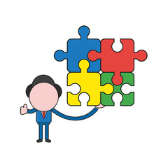 Vector businessman character holding four connected jigsaw puzzle pieces and gesturing thumbs up. Color and black outlines.