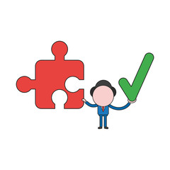 Vector businessman character holding jigsaw puzzle piece and check mark. Color and black outlines.