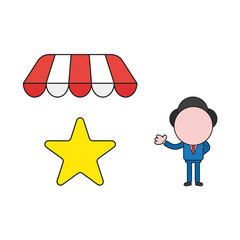 Vector businessman character with star under shop store awning. Color and black outlines.