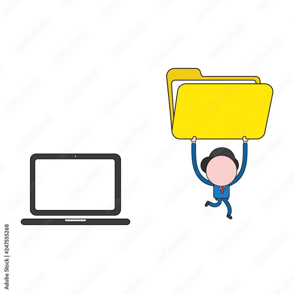 Poster vector businessman character running from laptop computer and carrying open file folder. color and b