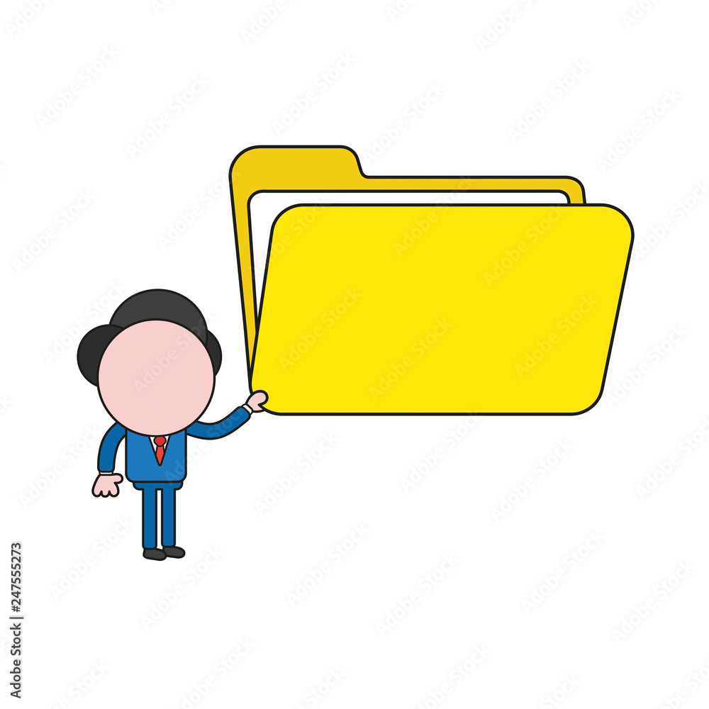 Poster vector businessman character holding open file folder. color and black outlines.